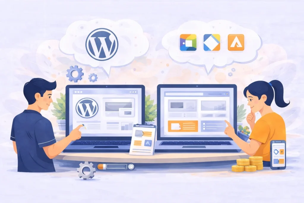 Illustration comparing website platforms for business websites, showing WordPress and other website options with dashboards, tools, and performance metrics