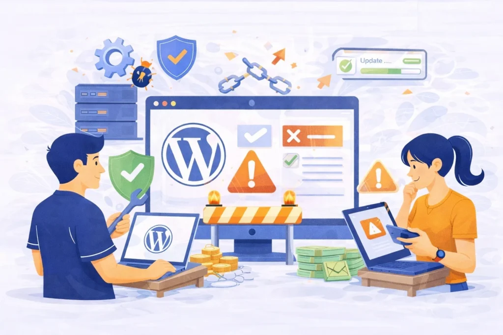 Illustration of WordPress website maintenance showing system updates, security checks, and performance monitoring to prevent site breaks after updates.
