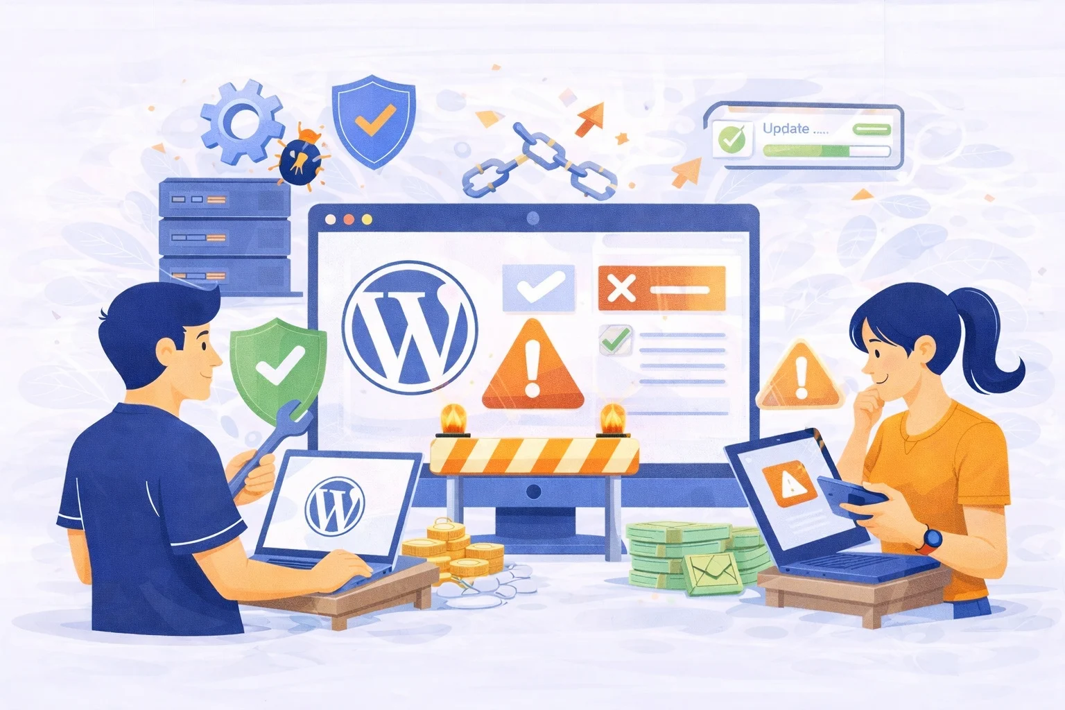 Illustration of WordPress website maintenance showing system updates, security checks, and performance monitoring to prevent site breaks after updates.
