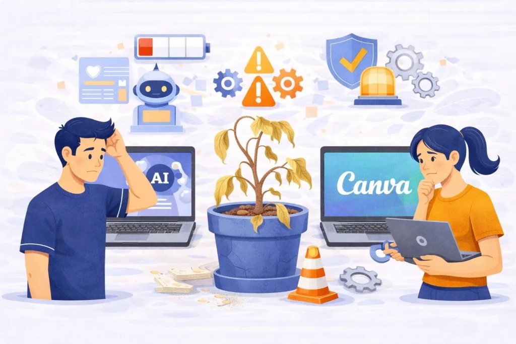 Illustration showing people managing and maintaining a website build with AI or Canva, highlighting why ongoing website maintenance still matters for performance, security, and stability.