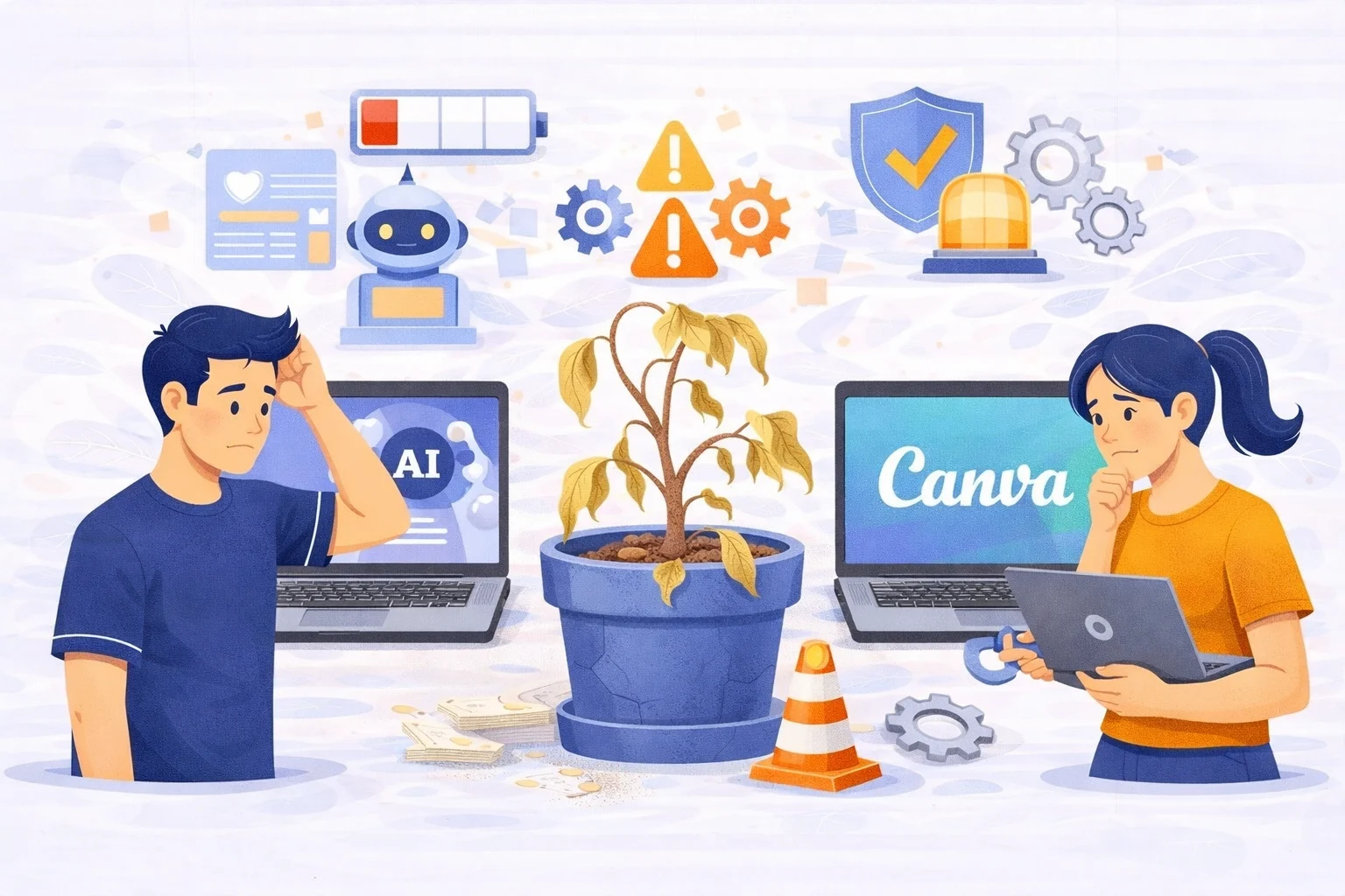 Illustration showing people managing and maintaining a website build with AI or Canva, highlighting why ongoing website maintenance still matters for performance, security, and stability.